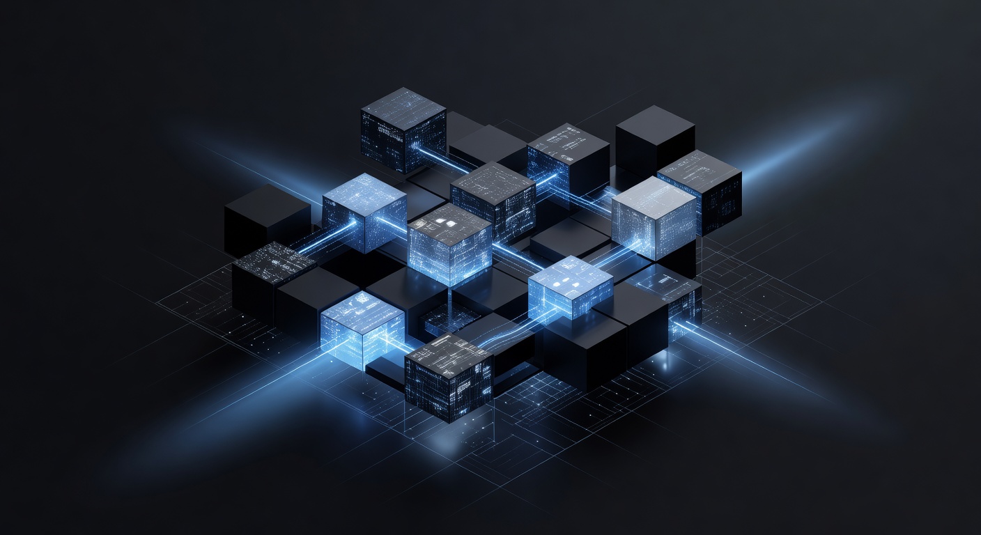 A sleek, abstract representation of software integration and modular workflow, featuring interlocking glowing blocks in a high-tech environment, symbolizing seamless developer tools and automated pipelines, modern 3D isometric style, no text or logos