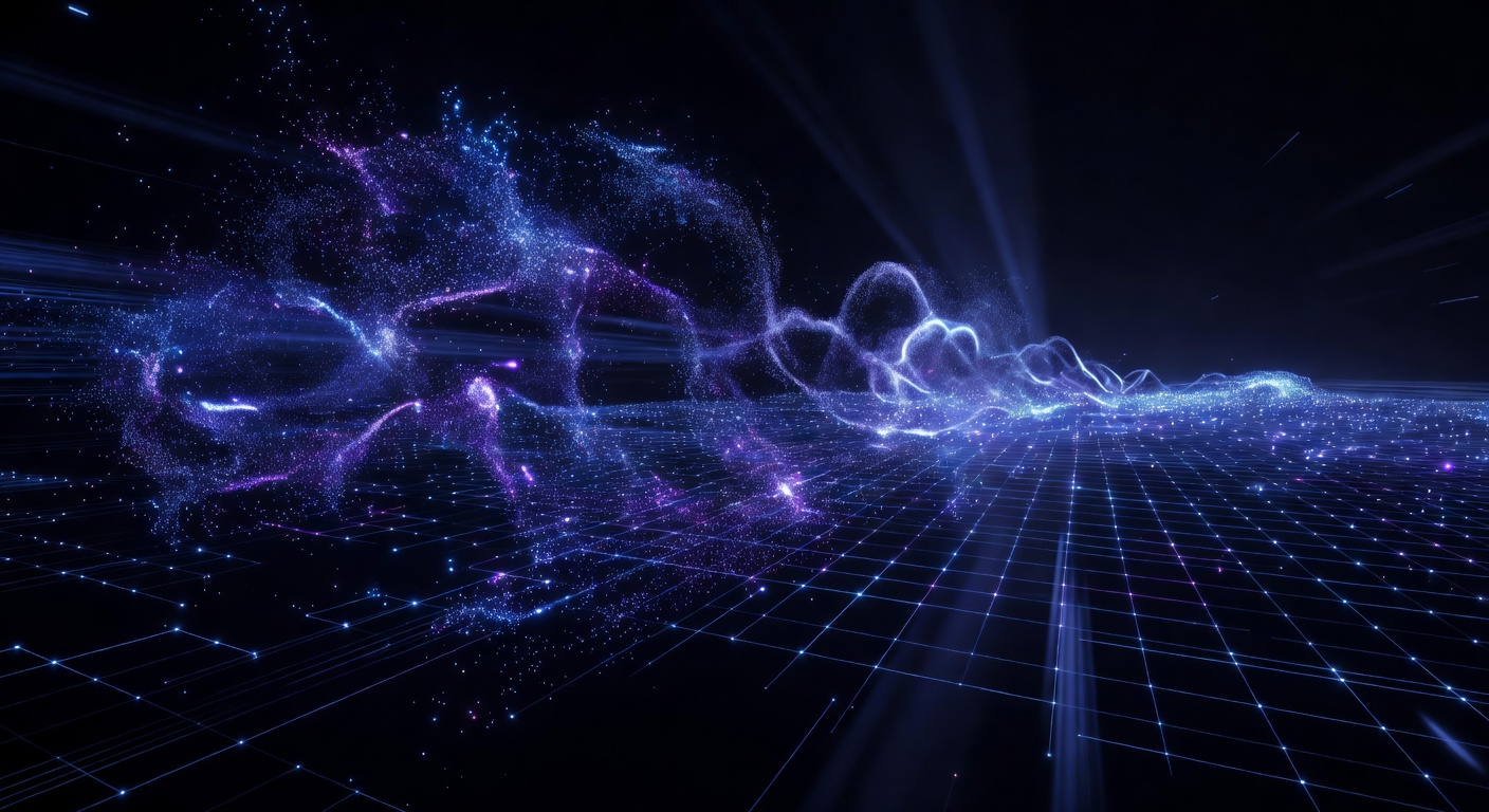 A modern, abstract 3D visualization showing a chaotic, glowing cloud of digital particles gradually organizing into a structured, illuminated grid, representing the diffusion process of refining noise into clear data. High-tech aesthetic, neon blue and purple tones, no text or logos.