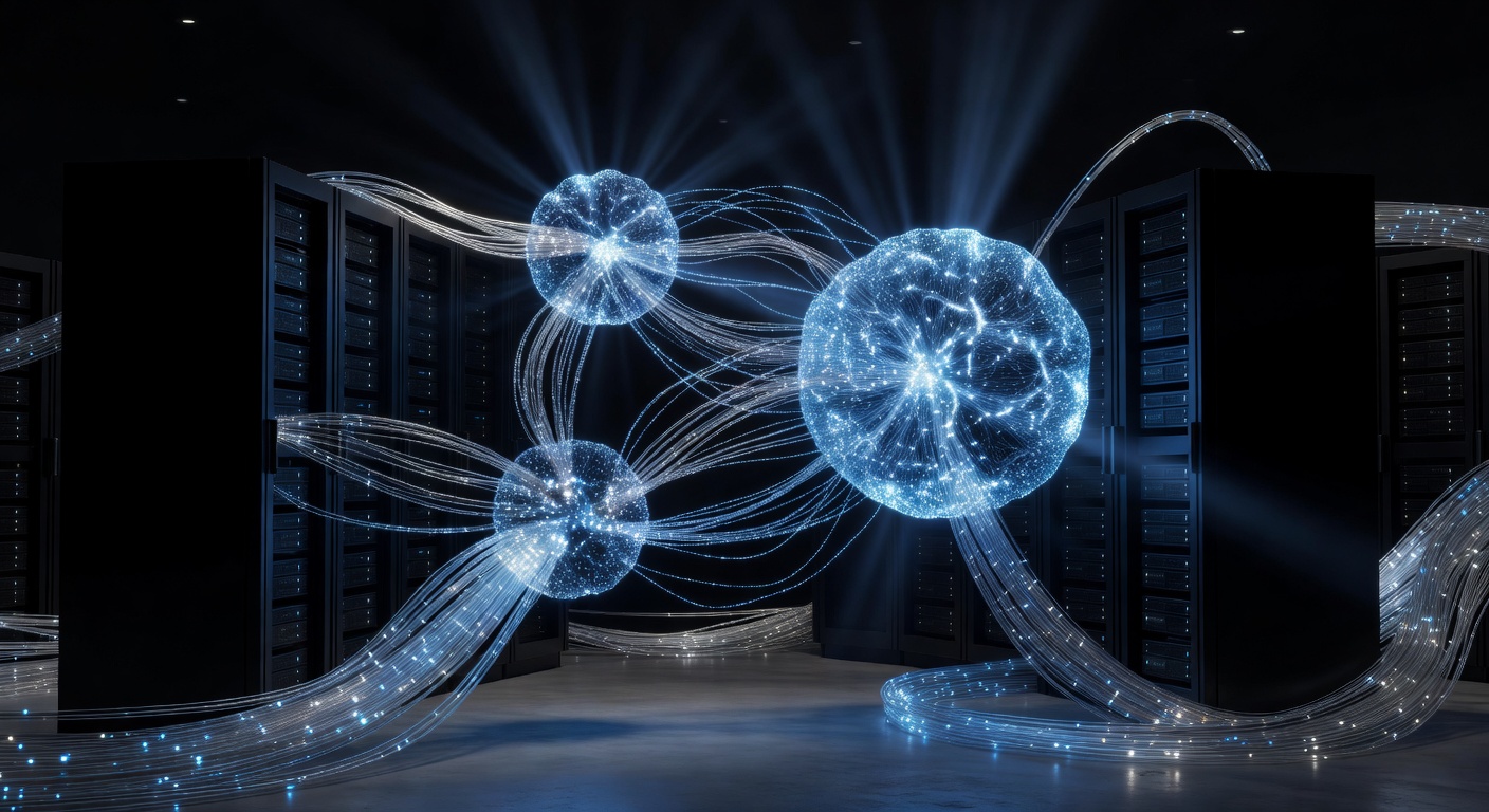 A sleek, futuristic illustration of three glowing, interconnected neural network cores of varying sizes, symbolizing different AI model parameters. Set against a dark, modern data center background with glowing fiber optic cables, representing scalable AI architecture, no text or logos.