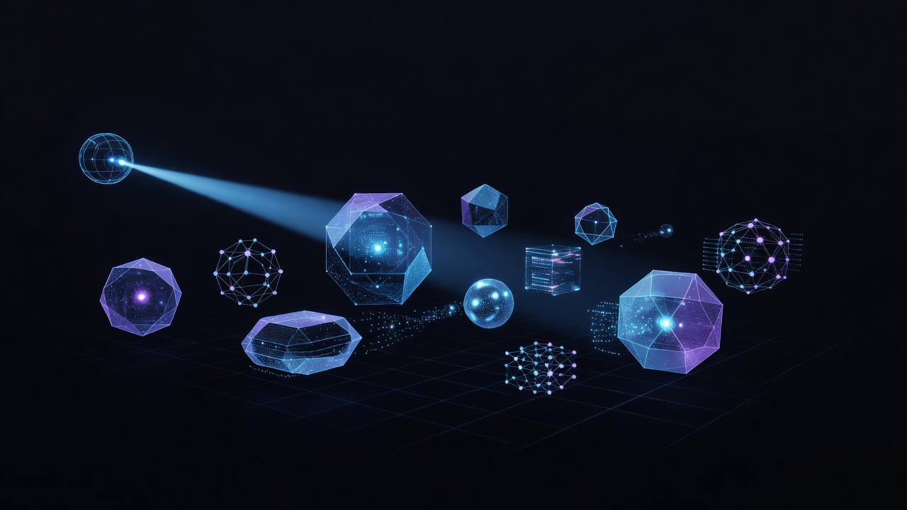 Abstract 3D illustration of a technical validation process, featuring glowing geometric shapes representing data models and a scanner beam inspecting them, modern tech style, dark background with neon blue and purple accents, no text or logos.