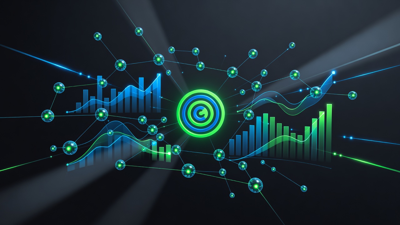 Abstract 3D illustration of performance benchmarking, featuring glowing charts, data nodes, and a target bullseye symbolizing high accuracy and precision, modern tech style, dark background with neon green and cyan accents, no text or logos.