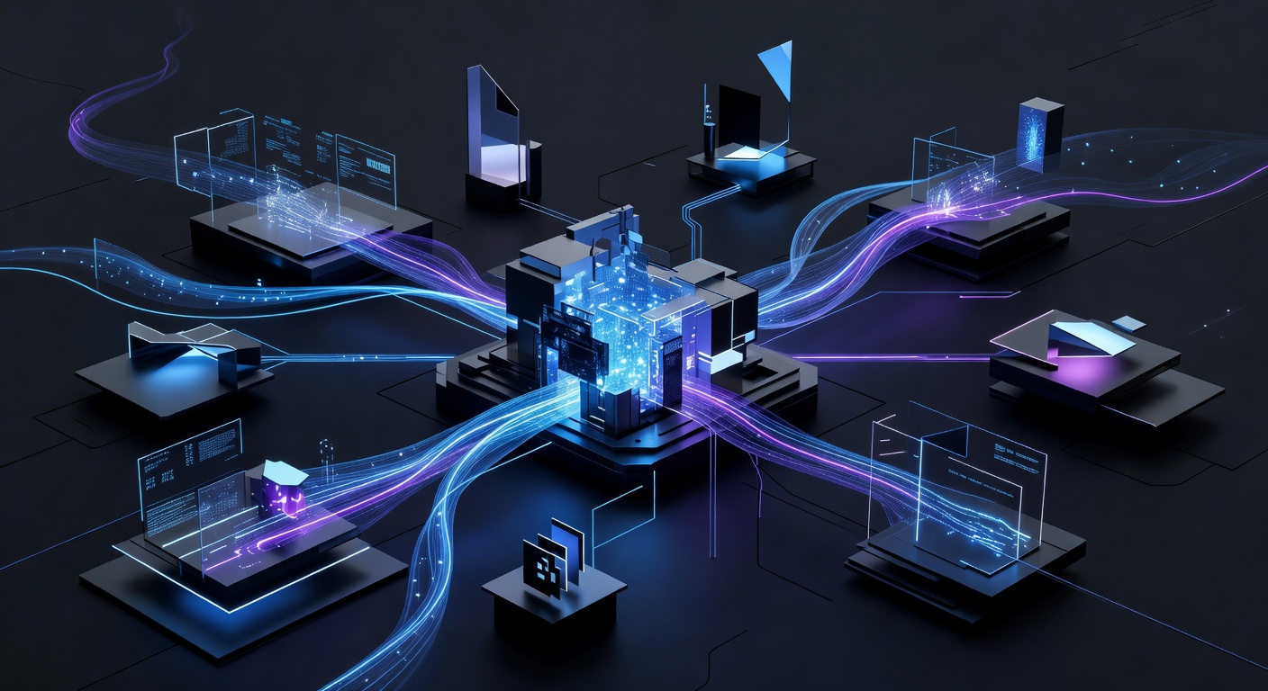 A modern, abstract 3D illustration showing a glowing central server node seamlessly passing data streams to multiple interconnected client interfaces, representing flexible data flow and optimized performance in web development, dark mode with neon blue and purple accents, no text or logos.