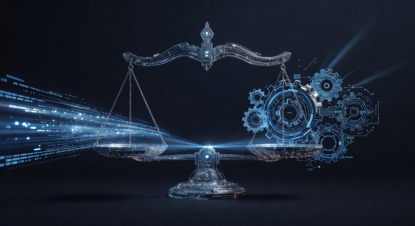A conceptual tech illustration of a balancing scale made of glowing digital lines, with fast-moving data packets on one side and complex interconnected gears on the other, symbolizing the trade-off between performance and architectural complexity, sleek futuristic style, no text or logos.