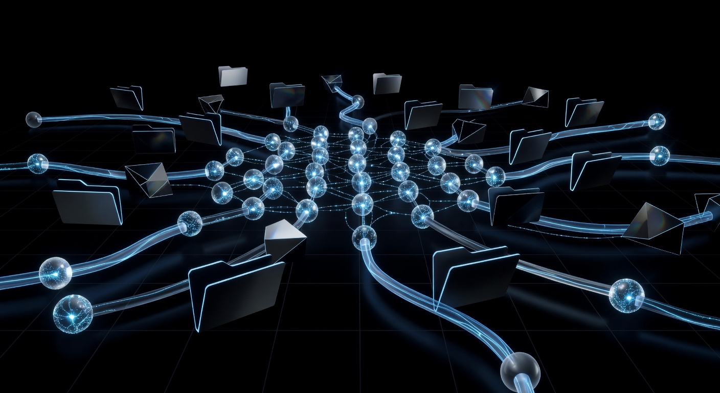 A futuristic 3D visualization of a code repository structure, showing interconnected glowing nodes, abstract folders, and data pipelines in a dark theme, representing a complex machine learning ecosystem. Modern tech style, no text or logos.