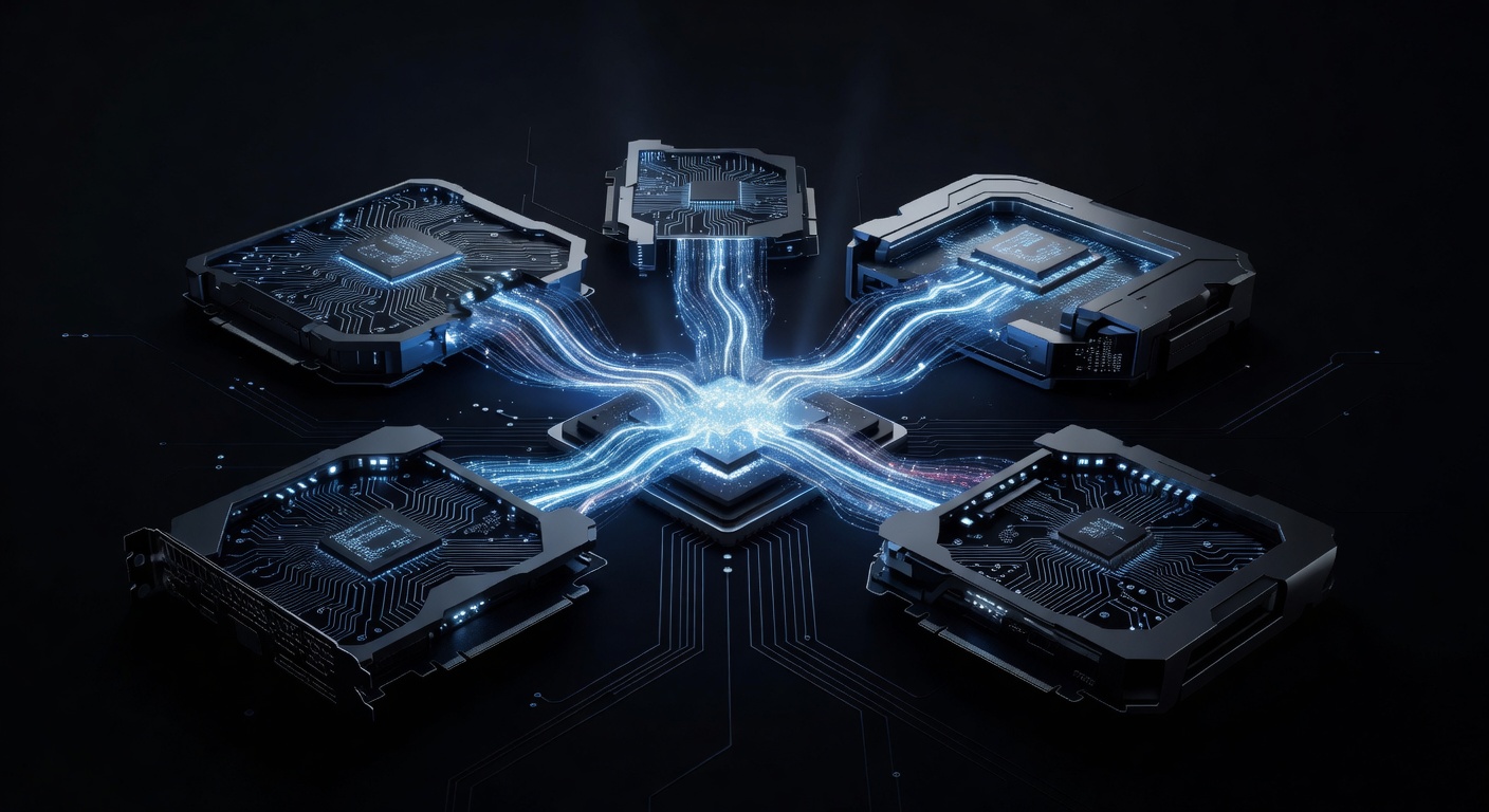 A sleek, abstract representation of a computer processor and GPU working together, with glowing neon data streams flowing into a central core, symbolizing hardware acceleration and software deployment. Modern tech style, no text or logos.
