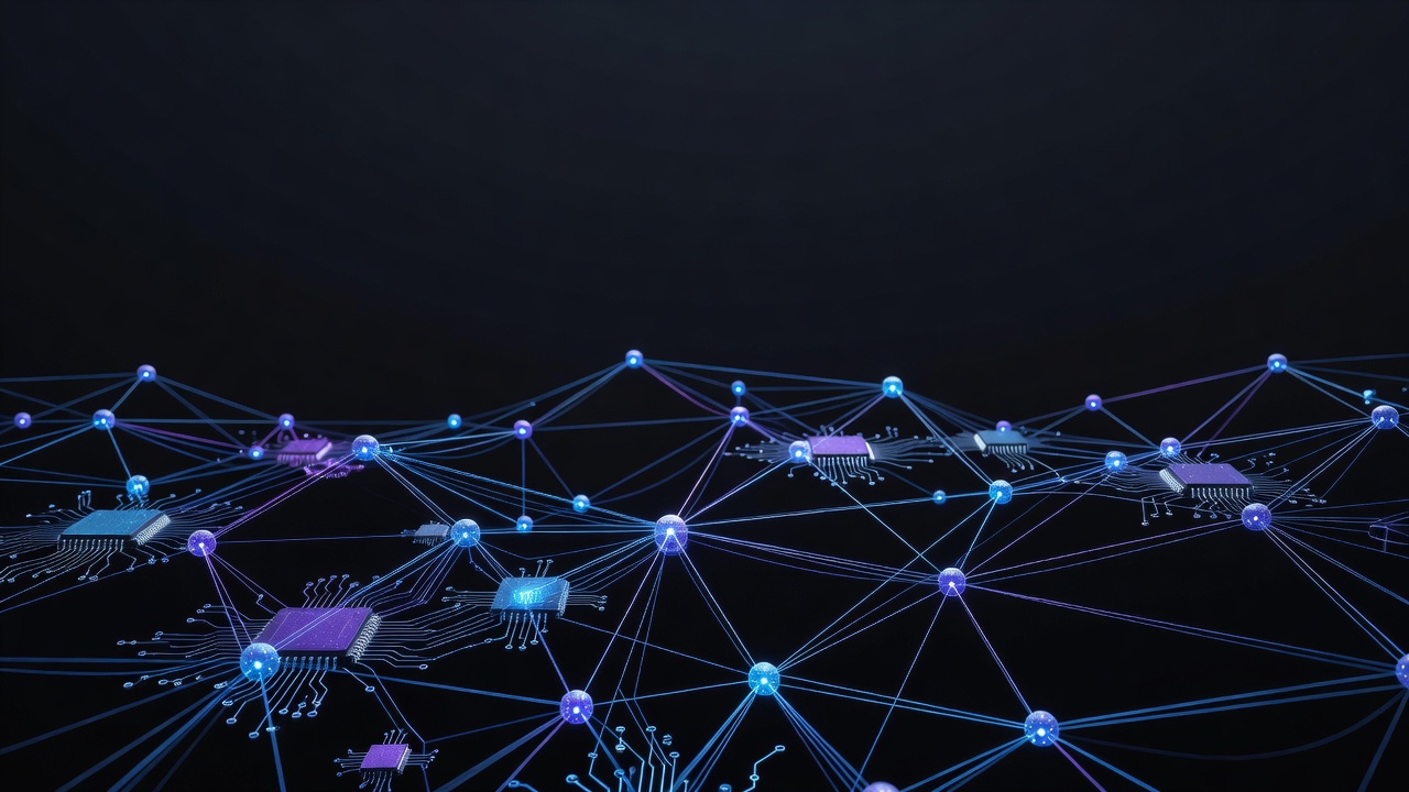 A futuristic abstract representation of a neural network architecture, featuring glowing nodes and connections, with a focus on lightweight, compressed data flow and microchip elements symbolizing local CPU processing, modern tech style, dark background with neon blue and purple accents, no text or logos.