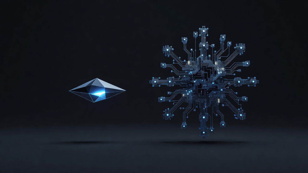 A conceptual 3D illustration showing a balance between a small, glowing, agile geometric shape and a massive, complex data structure, symbolizing the trade-off between lightweight efficiency and heavy processing power, modern tech style, minimalist, no text or logos.