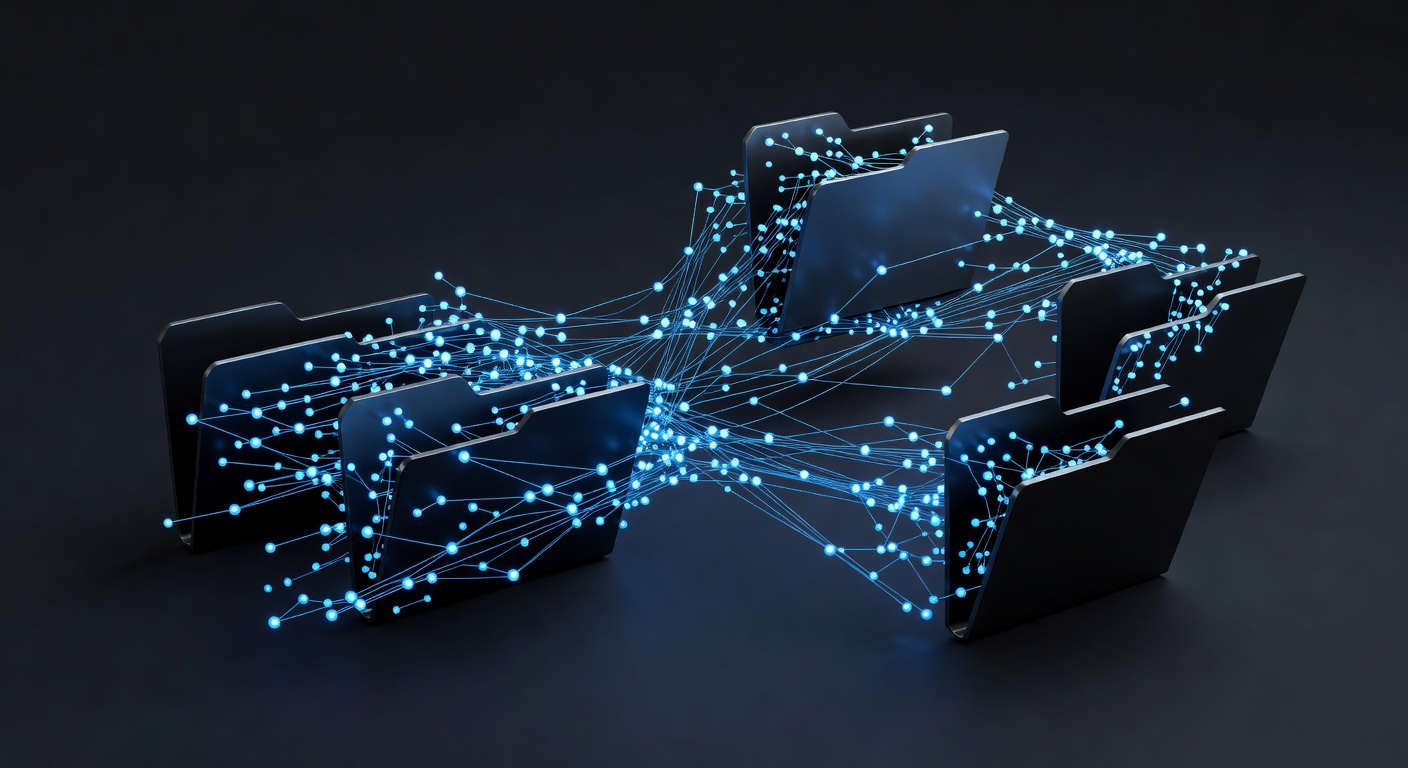 A modern, sleek 3D illustration of a folder structure morphing into interconnected nodes, representing a local Markdown knowledge base with Git version control, soft lighting, minimalist tech aesthetic, no text or logos.