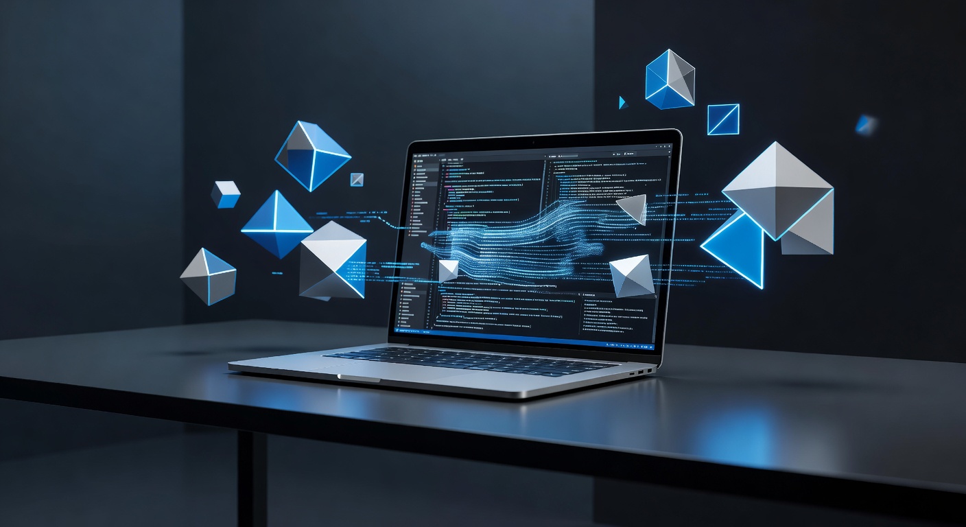 A minimalist workspace setup featuring a sleek laptop displaying abstract code blocks and a terminal window, surrounded by floating geometric shapes representing data interoperability, modern tech style, cool blue and silver color palette, no text or logos.
