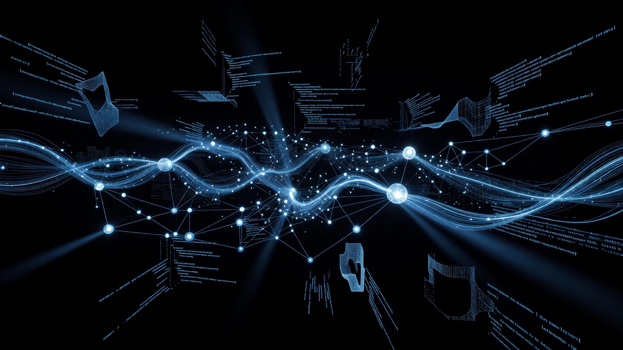 A modern, abstract representation of software development and AI integration, featuring glowing interconnected nodes, data flows, and abstract code structures on a dark background. High-tech, sleek, no text or logos.