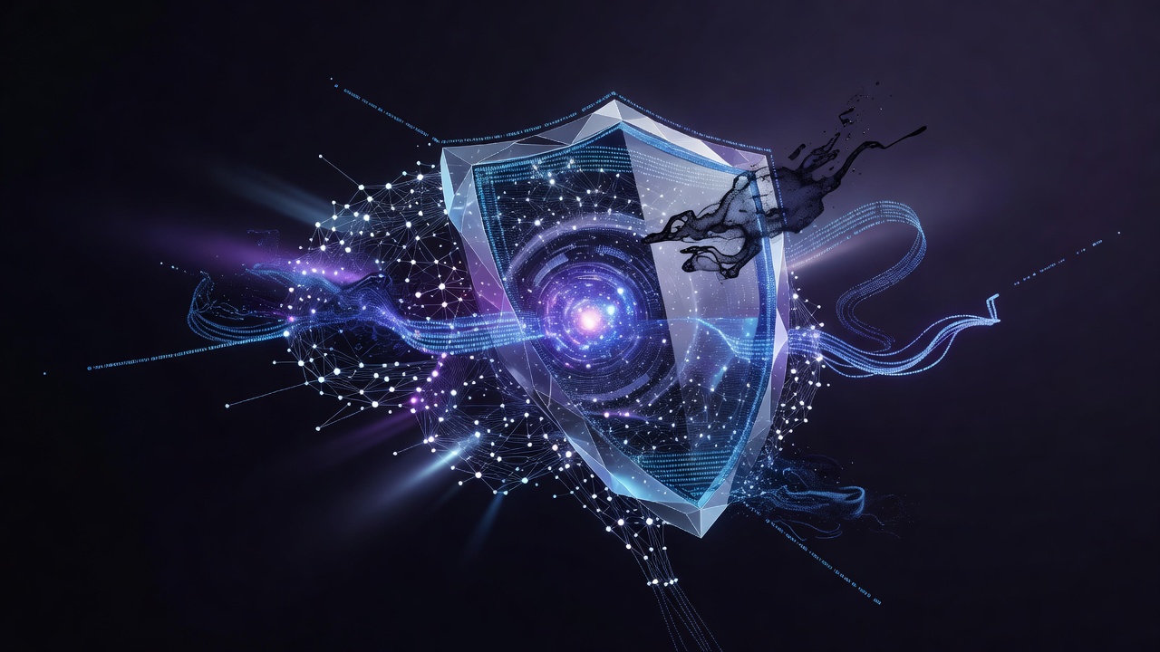 A conceptual illustration of cybersecurity and AI safety, showing a glowing digital shield protecting a futuristic neural network or glowing data core. Neon blue and purple tones, modern tech style, no text or logos.