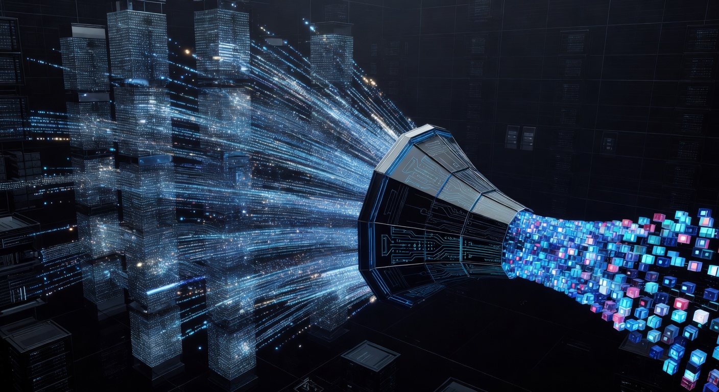 A conceptual 3D illustration showing large glowing data arrays passing through a digital funnel and emerging as highly compressed, dense, and vibrant data blocks, symbolizing vector quantization and data compression in a modern tech environment. No text or logos.