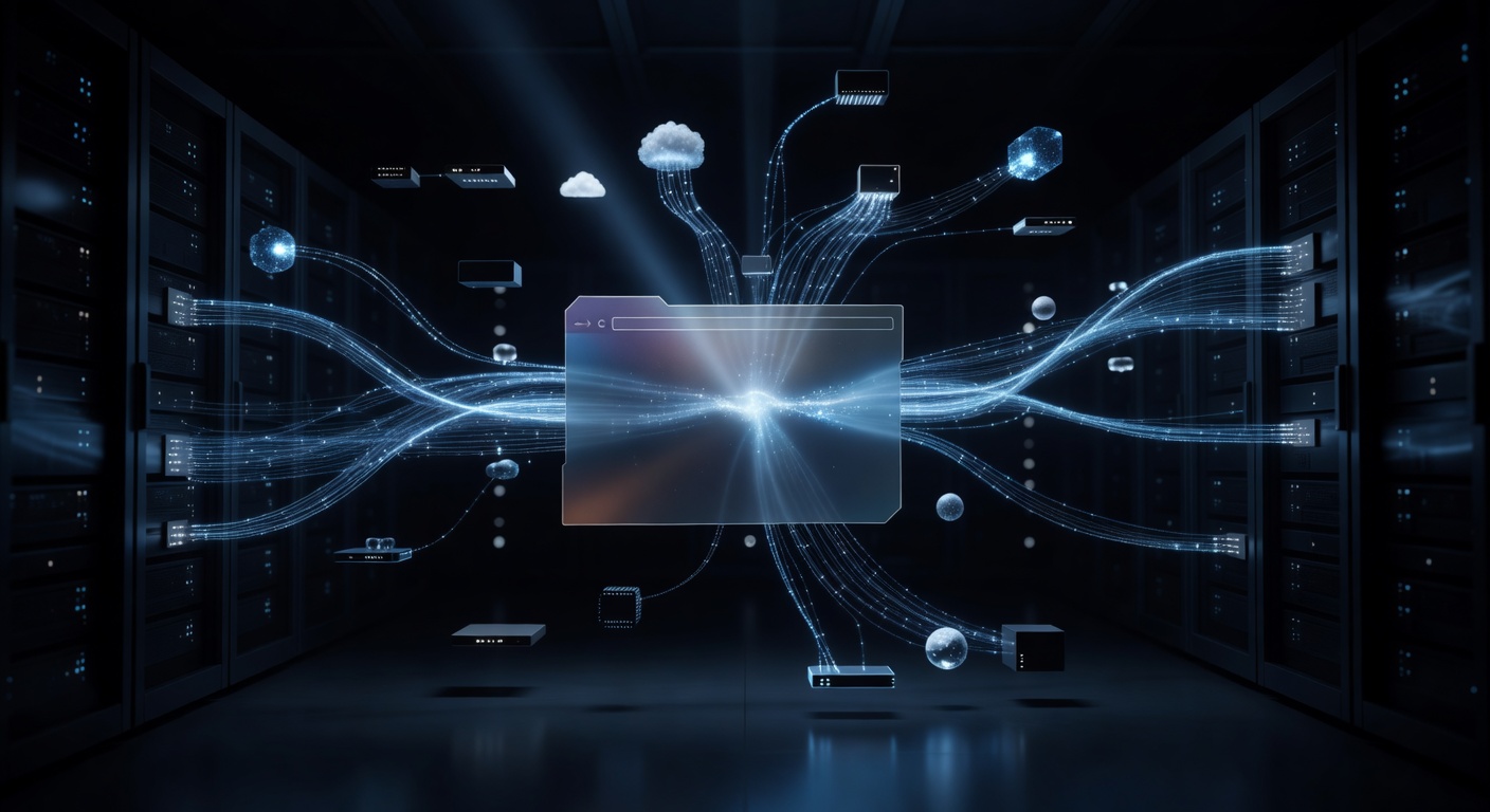 A futuristic web browser interface floating in a dark tech environment, connected by glowing data streams to edge devices and cloud nodes, representing seamless AI integration and semantic search processing on the edge. No text or logos.