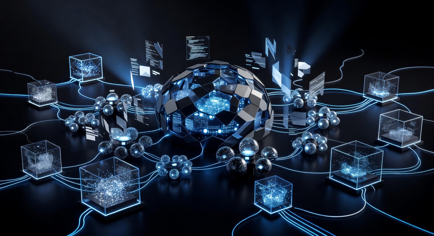 A modern, abstract 3D illustration of a cloud computing workflow, featuring glowing data nodes, a central AI core processing abstract code blocks, and isolated sandbox environments represented by glowing transparent cubes connected by neon data streams. Dark tech aesthetic, no text or logos.