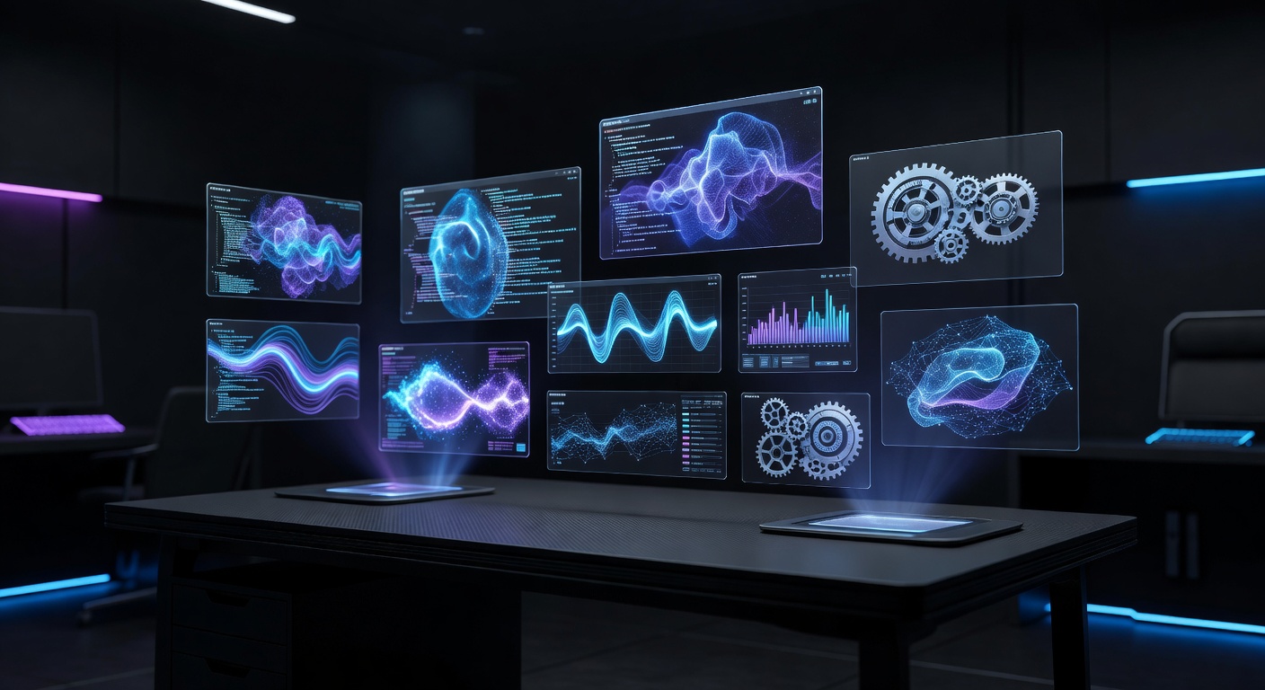 A sleek, futuristic illustration of a developer's workspace with floating holographic screens displaying abstract code structures, performance metrics, and automated gears, symbolizing AI-assisted productivity and seamless integration. Modern tech style, neon blue and purple color palette, no text or logos.