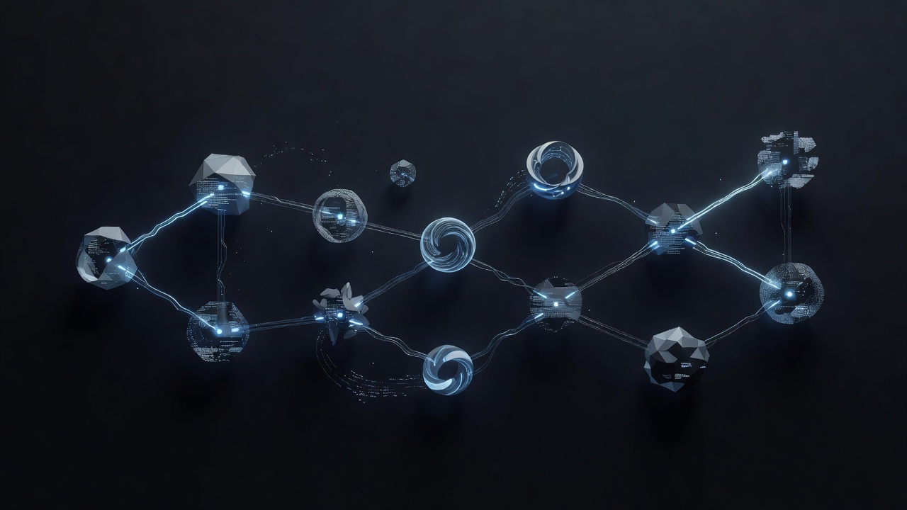 A modern, abstract 3D visualization of a sequential workflow pipeline with nine interconnected glowing nodes, representing different stages of software development, dark tech theme, no text.