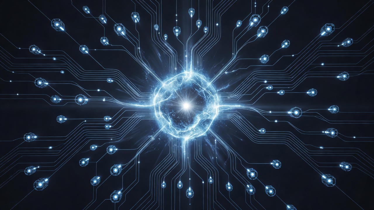 An abstract tech illustration of a central glowing core representing a continuous AI session, surrounded by parallel branching pathways and specialized agent nodes, dark mode, no text.