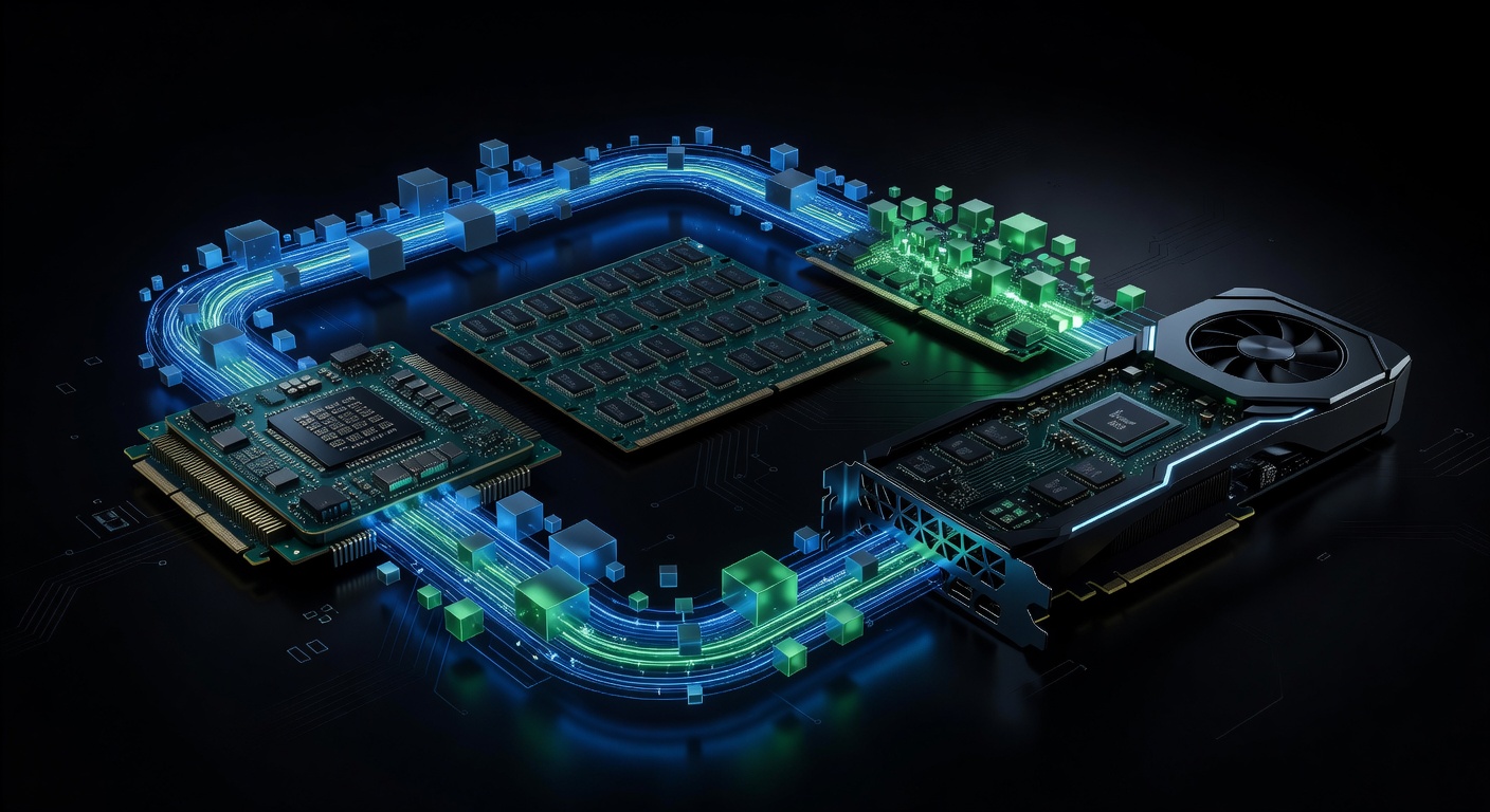 A conceptual 3D diagram showing data flow between a computer's CPU, system RAM, and a dedicated GPU via a glowing PCIe lane, with abstract data blocks moving into the GPU's VRAM, modern dark tech aesthetic with neon blue and green accents, no text or logos