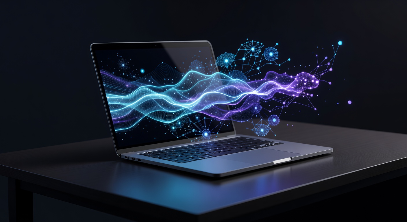 A sleek modern laptop open on a desk with abstract glowing data streams and neural network nodes floating above the keyboard, symbolizing machine learning and system configuration, dark ambient lighting with purple and cyan hues, no text or logos
