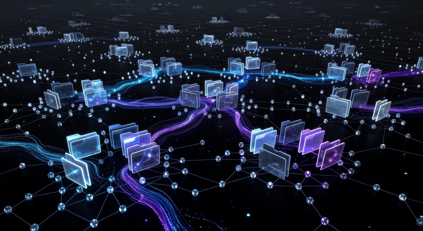 Abstract 3D representation of a software architecture with interconnected nodes, glowing folders, and data streams symbolizing AI agents organizing context memory, dark background with neon blue and purple accents, modern tech style, no text or logos