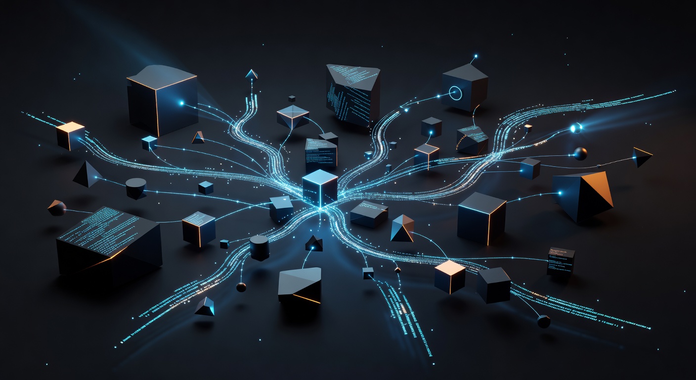 Abstract 3D illustration of branching glowing code paths and floating geometric shapes, symbolizing technical decision making, team collaboration, and codebase management, sleek modern tech style, dark theme with vibrant cyan and orange highlights, no text or logos