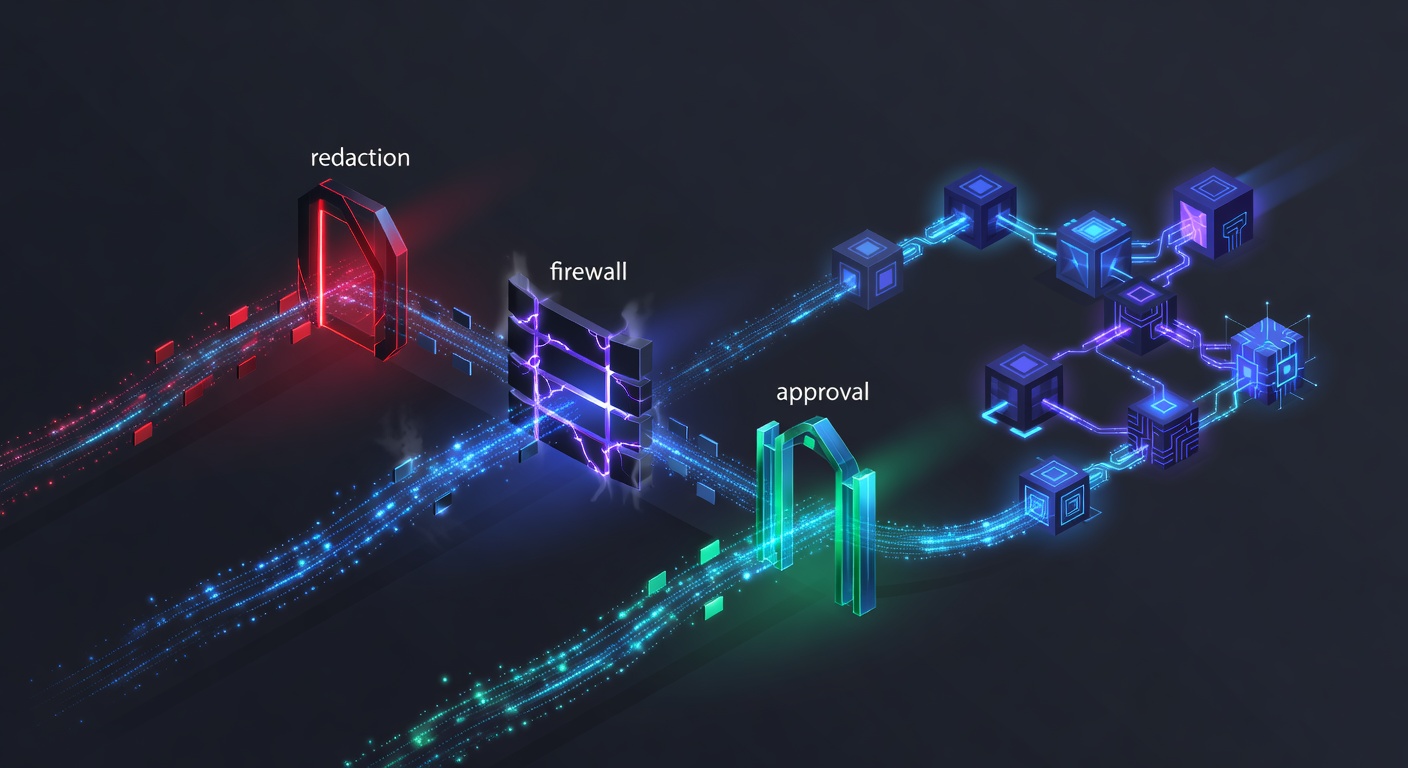 A modern, abstract 3D isometric illustration showing a digital data flow passing through three distinct glowing security checkpoints, representing redaction, firewall, and approval, before being stored in a secure, interconnected chain of glowing blocks representing a hash ledger. Dark mode tech aesthetic with neon blue and purple accents, no text or logos.