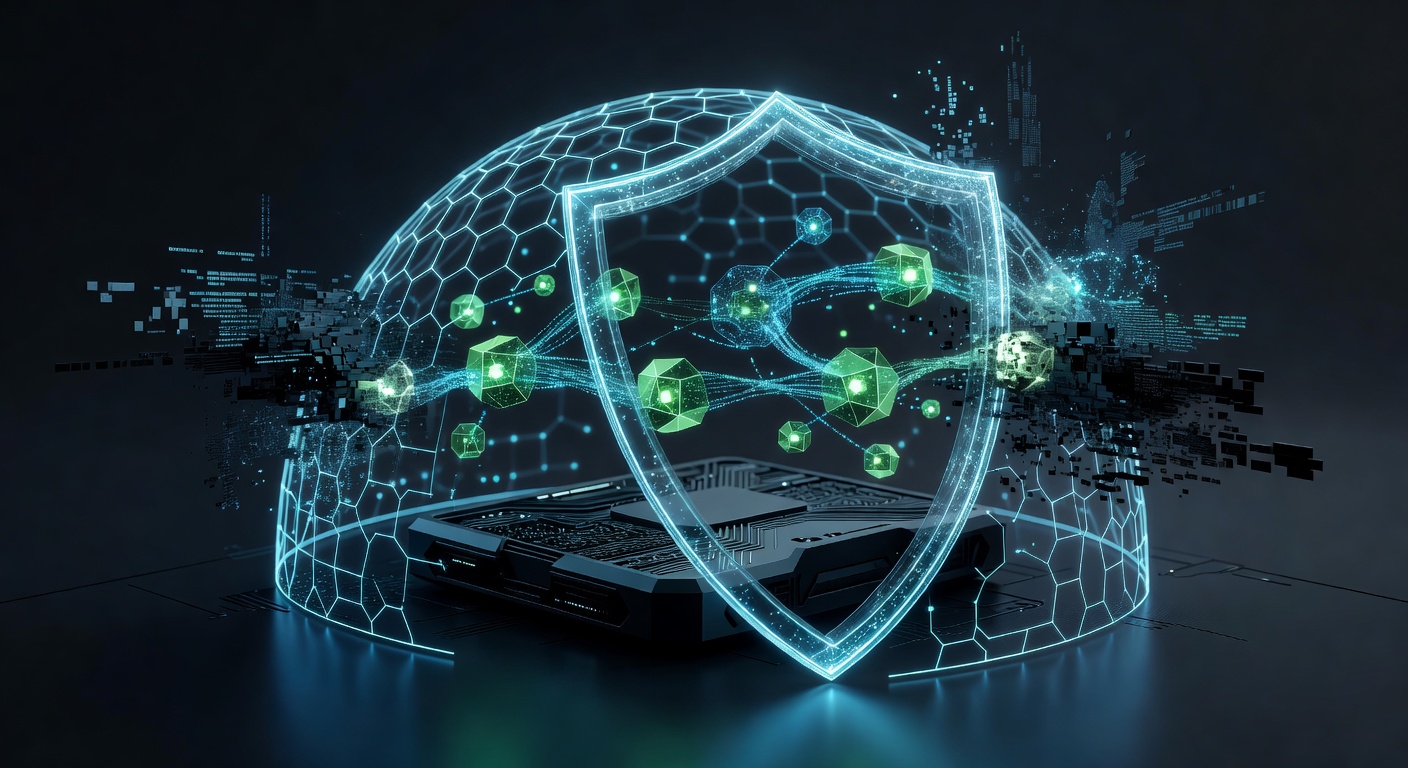 A conceptual 3D illustration of a glowing holographic shield protecting a local computer node from external digital elements, with abstract AI network nodes safely contained within the secure perimeter. Clean, modern cybersecurity aesthetic, dark background with vibrant green and cyan lighting, no text or logos.