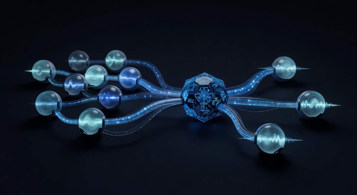 A conceptual 3D illustration of an AI processing pipeline, showing glowing nodes representing speech input, artificial intelligence processing, and audio output, connected by flowing data streams in a dark modern tech aesthetic, without any text or logos.