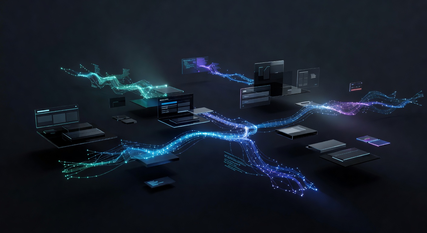 A sleek, abstract representation of a modern web development environment, featuring floating UI components, abstract code structures, and glowing network connections symbolizing real-time API integrations, in a vibrant neon and dark theme, without any text or logos.