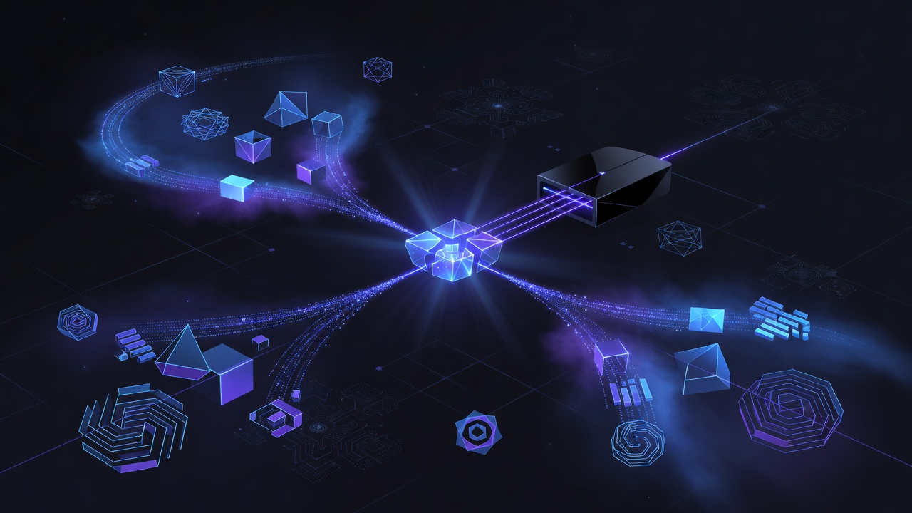 A conceptual tech illustration showing a glowing data packet being scanned and split into two distinct pathways, with abstract geometric shapes representing code blocks and mathematical structures, modern neon blue and purple color palette, 3D digital art style, no text or logos.