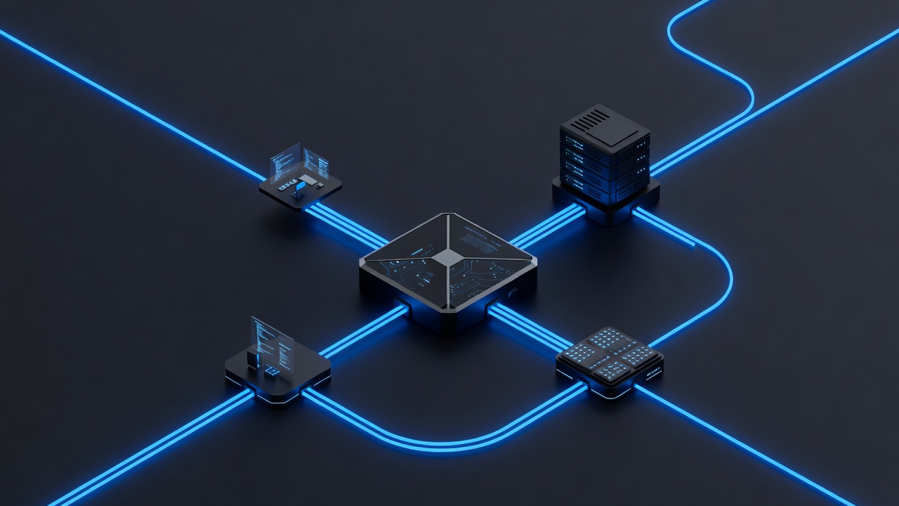 A modern isometric illustration of a software architecture pipeline featuring a central router node seamlessly connecting a developer environment to two distinct server nodes via glowing data streams, clean tech aesthetic, dark mode background, no text or logos.