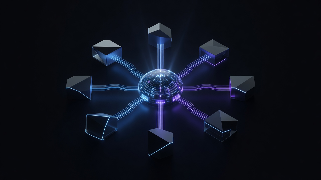 A sleek conceptual tech illustration showing multiple software application blocks seamlessly plugging into a central glowing API hub, using neon blue and purple colors on a dark background. No text or logos.