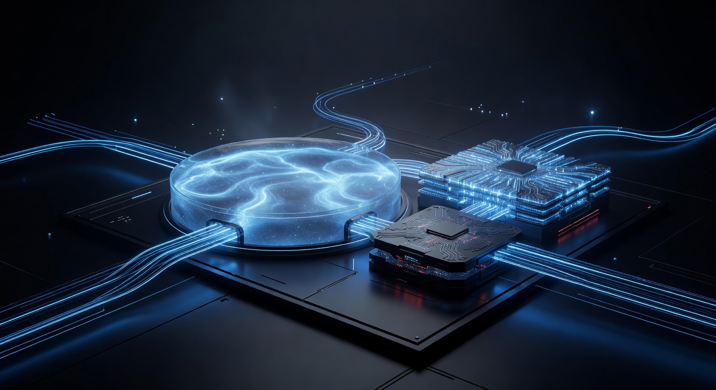 A modern, abstract 3D technical illustration showing a central glowing memory pool seamlessly connected to two processing units representing a CPU and a GPU. Data flows directly between them without intermediate barriers, using glowing neon lines in a dark sleek environment. No text or logos.