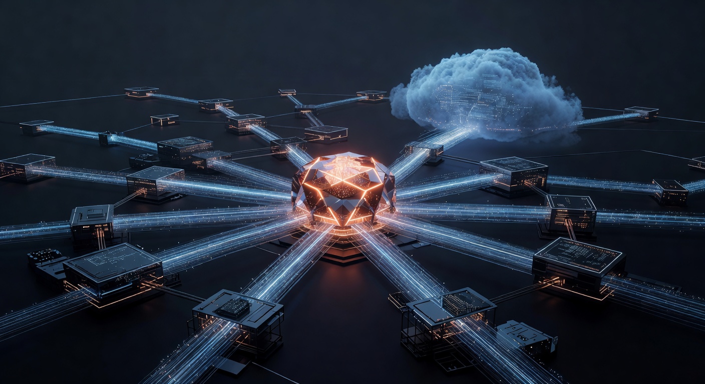 Abstract 3D architectural visualization of a software system, featuring a glowing central core representing a static binary, connecting to multiple data streams and an external cloud endpoint, modern tech style, dark background with neon rust-orange and blue accents, no text or logos.